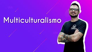 "Multiculturalismo" escrito sobre fundo roxo ao lado da imagem do professor