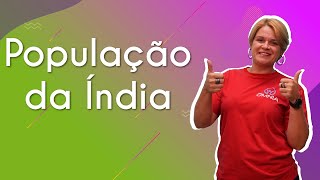 "População da Índia" escrito sobre fundo colorido ao lado da imagem da professora