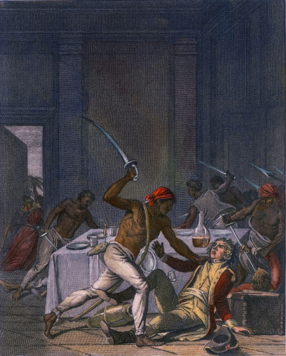 Pintura de um escravo ameaçando um homem branco com espada em referência à lei dos sexagenários.