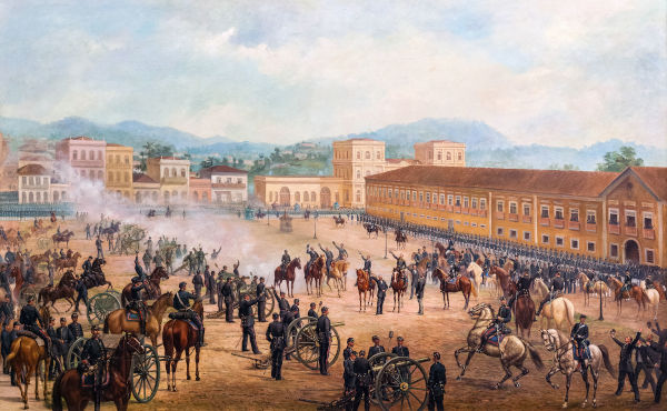 Tela de Benedito Calixto representa o ato de Proclamação da República.