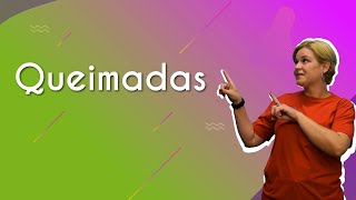 "Queimadas" escrito sobre fundo colorido ao lado da imagem da professora