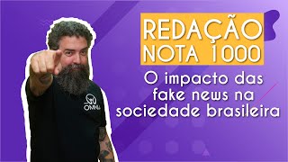 Professor ao lado do escrito "REDAÇÃO NOTA 1000 | O impacto das fake news na sociedade brasileira" em fundo roxo.