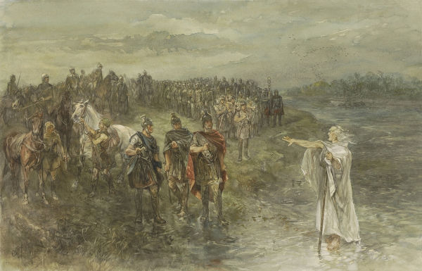 Representação de romanos dialogando com um líder germânico antes de uma batalha no século I d.C.