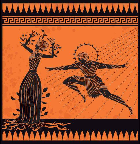 Ilustração que retrata Apolo perseguindo Dafne e ela transformando-se em loureiro.