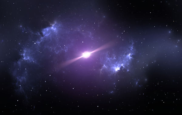 Concepção de uma estrela de nêutrons emitindo um feixe de partículas.