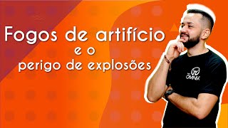 "Fogos de artifício e o perigo de explosões" escrito sobre fundo alaranjado ao lado da imagem do professor