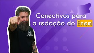 "Conectivos para a redação do Enem" escrito sobre fundo roxo ao lado da imagem do professor