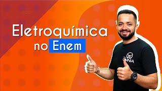 "Eletroquímica no Enem" escrito sobre fundo alaranjado ao lado da imagem do professor
