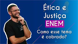 "Ética e Justiça no Enem: como esse tema é cobrado?" escrito sobre fundo azul ao lado da imagem do professor