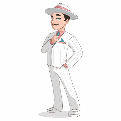 Ilustração de um homem de terno branco representando a transformação do boto cor-de-rosa