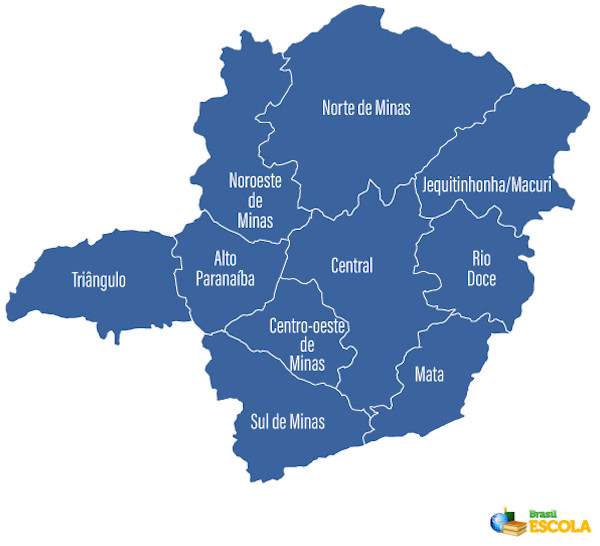 Mapa de Minas Gerais com a divisão regional.