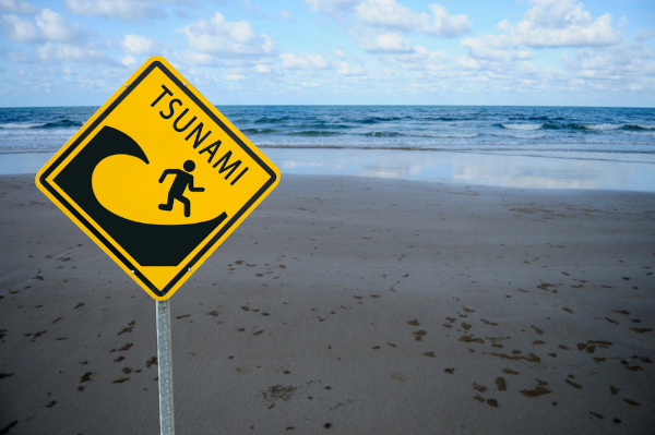 Placa alerta o risco de tsunamis, fenômeno causado principalmente por fortes tremores de terra.