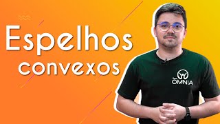 "Espelhos esféricos: convexos" escrito sobre fundo alaranjado ao lado da imagem do professor