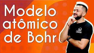 "Modelo atômico de Bohr" escrito sobre fundo alaranjado ao lado da imagem do professor