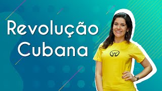 "Revolução Cubana" escrito sobre fundo azul ao lado da imagem da professora