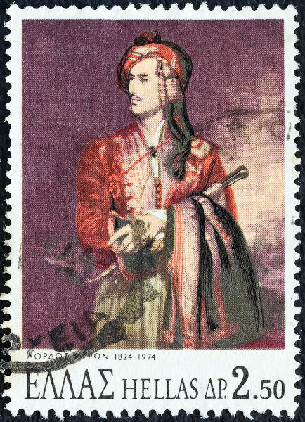 Lord Byron era tido como um herói nacional na Grécia. Na imagem, selo grego em comemoração ao seu 150º aniversário. 