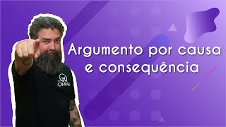 "Argumento por causa e consequência" escrito sobre fundo roxo ao lado da imagem do professor