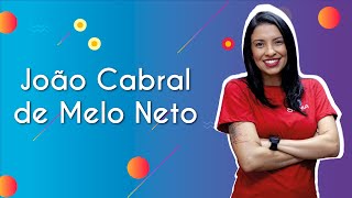 "João Cabral de Melo Neto" escrito sobre fundo colorido ao lado da imagem da professora