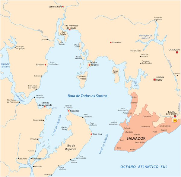 Mapa da Baía de Todos os Santos, na Bahia, com a cidade de Salvador em destaque.