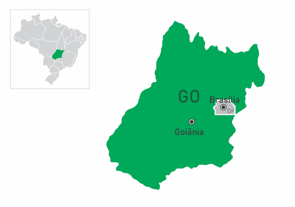  Localização e silhueta do território do estado de Goiás com o destaque de Goiânia e Brasília.