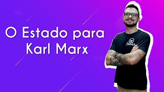 Professor ao lado do texto"O Estado para Karl Marx" em fundo roxo.