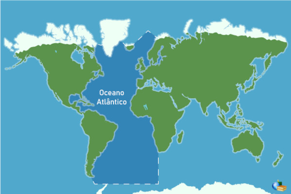 Área de abrangência do oceano Atlântico, em azul-escuro.