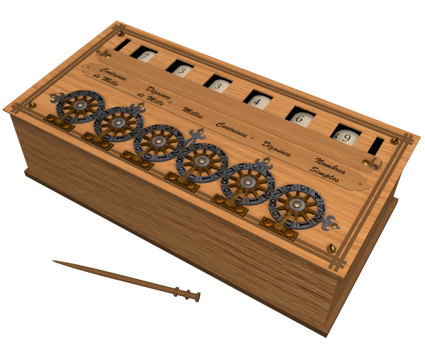 Ilustração de uma pascalina, a máquina de calcular de Pascal.