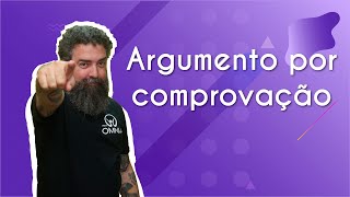 "Argumento por comprovação" escrito sobre fundo roxo ao lado da imagem do professor