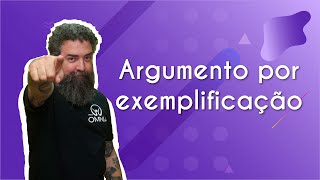 "Argumento por exemplificação" escrito sobre fundo roxo ao lado da imagem do professor
