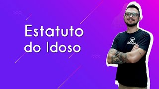 "Estatuto do Idoso" escrito sobre fundo roxo ao lado da imagem do professor