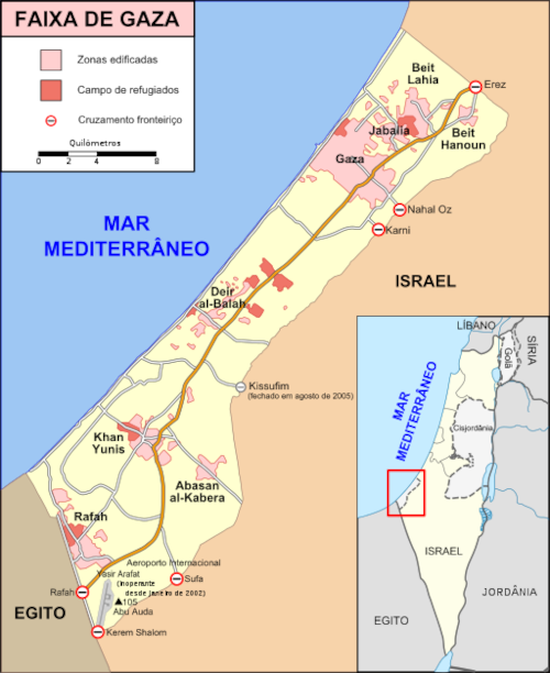 Mapa da Faixa de Gaza em detalhe e sua localização em visão mais ampla.