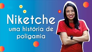 "Niketche – uma história de poligamia" escrito sobre fundo colorido ao lado da imagem da professora