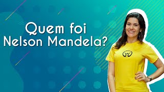 "Quem foi Nelson Mandela?" escrito sobre fundo verde ao lado da imagem da professora