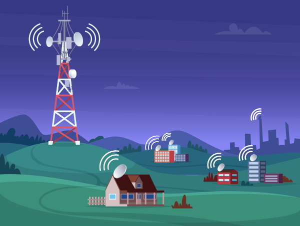 Representação de uma estação de rádio transmitindo um sinal.
