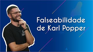 "Falseabilidade em Karl Popper" escrito sobre fundo azul ao lado da imagem do professor