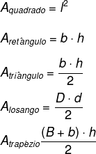 Fórmulas das áreas do quadrado, retângulo, triângulo, losango e trapézio.