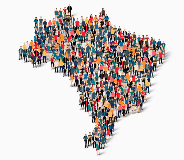 Ilustração de pessoas formando a silhueta do Brasil.