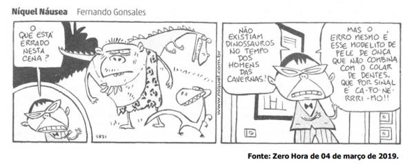 Quadrinho “Níquel Náusea” abordando a coexistência de homens das cavernas e dinossauros.