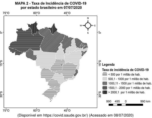 Mapa de taxa de incidência de covid-19 no Brasil, em 07/07/20.