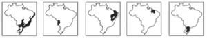 Mapas marcando: parte do litoral, Sudeste e Sul; MT e MS; parte do Nordeste; parte do Nordeste; parte do Sul.