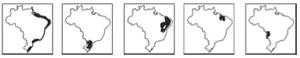Mapas marcando: litoral; parte do Sul, parte do Nordeste; parte do Nordeste; parte do MT e MS.