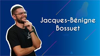 Professor ao lado do texto"Jacques-Bénigne Bossuet" em fundo azul.
