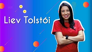 Professora ao lado do texto"Liev Tolstói".