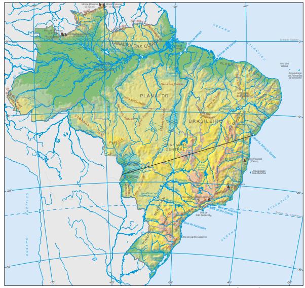 Mapa físico do território brasileiro produzido pelo Instituto Brasileiro de Geografia e Estatística (IBGE).