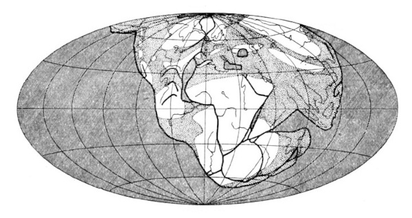 Mapa da Pangeia elaborado por Alfred Wegener.