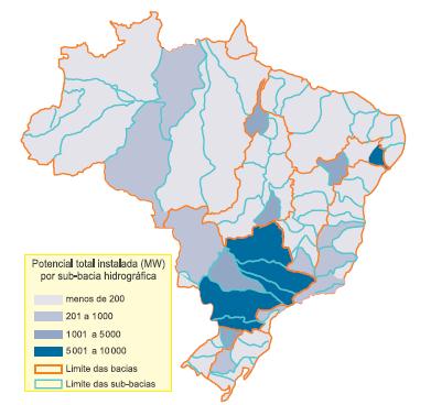 Mapa do Brasil com a indicação do potencial de geração de energia elétrica por sub-bacias.