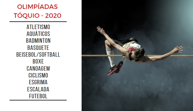 Lista de algumas modalidades disputadas nas Olimpíadas de 2020, à esquerda, e um atleta de salto, à direita.