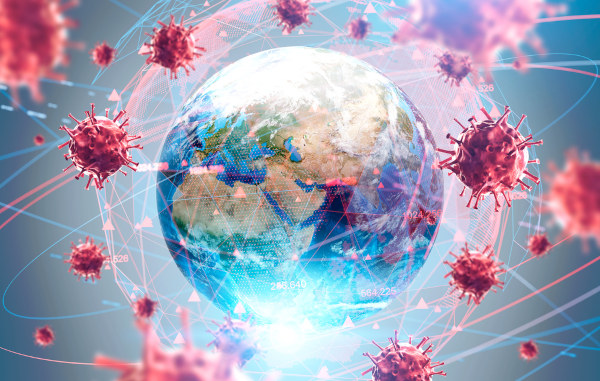 Ilustração do planeta Terra rodeado, por todos os lados, por vírus, representando o conceito de pandemia.