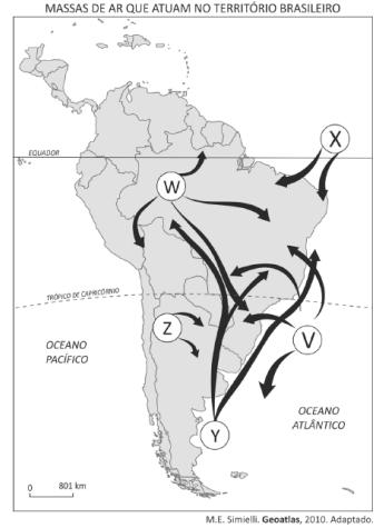 Imagem do mapa do Brasil e o esquema de algumas massas de ar.