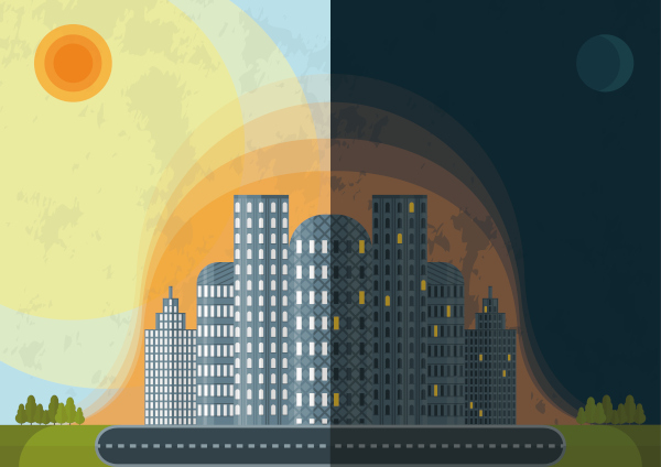 Ilustração exemplificando a retenção de calor na área urbana tanto de dia como à noite.